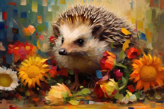 Hedgehog made of oil paint modern art with sunflower Generative AI.