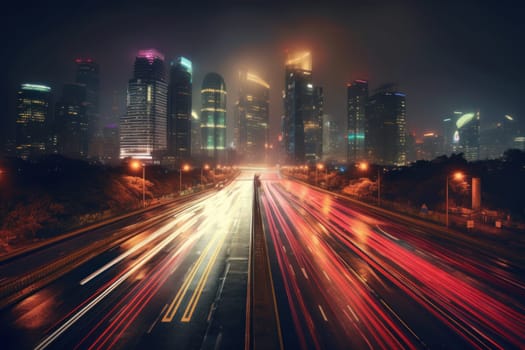 High speed traffic and light trails in highway at twilight Modern city at night Generative AI.