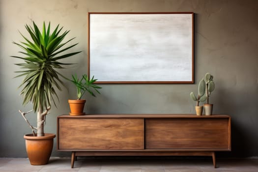 Wooden rustic cabinet near wall with poster frame with copy space.