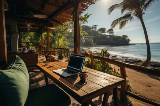 Digital nomad working and enjoying the beach Generative AI.