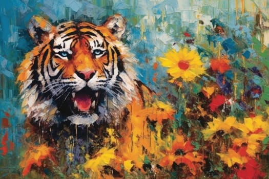 Tiger made of oil paint modern art with sunflower Generative AI.