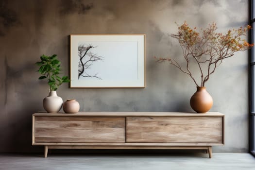 Wooden rustic cabinet near wall with poster frame with copy space.