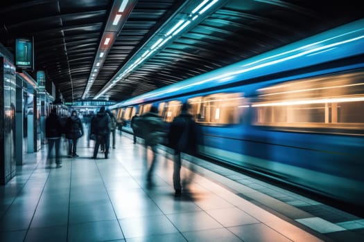 Blurred People Getting Into Subway Train During Rush Hour, Train in subway station during rush hour, Generative Ai.