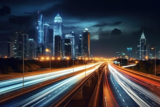 High speed traffic and light trails in highway at twilight Modern city at night Generative AI.