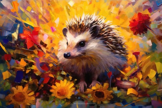 Hedgehog made of oil paint modern art with sunflower Generative AI.