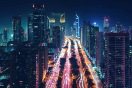 High speed traffic and light trails in highway at twilight Modern city at night Generative AI.