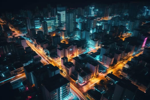 Aerial view of neon city, Cyberpunk metropolis at night.