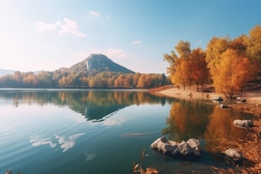 Beautiful autumn mountain nature lake with blue sky Generative AI.