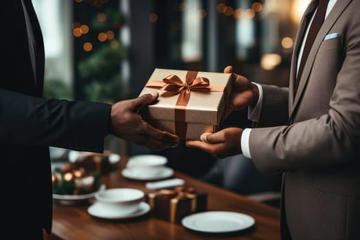 Close-up view of hands Giving a business gift in an office Generative AI.
