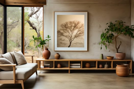 Wooden rustic cabinet near wall with poster frame with copy space.