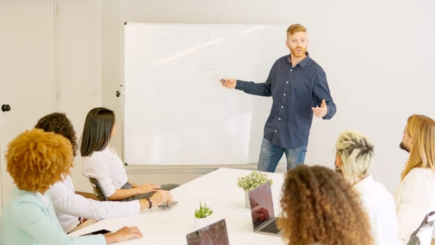 Picture of a man talking during a business meeting using a white board