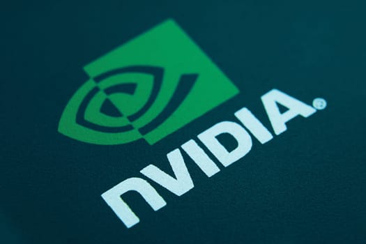 28 June 2019 Bishkek, Kyrgyzstan: Nvidia logo. Mark of famous company of video cards. Inventor of the GPU.