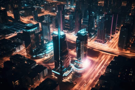 Aerial view of neon city, Cyberpunk metropolis at night.