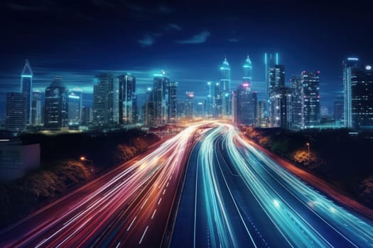 High speed traffic and light trails in highway at twilight Modern city at night Generative AI.