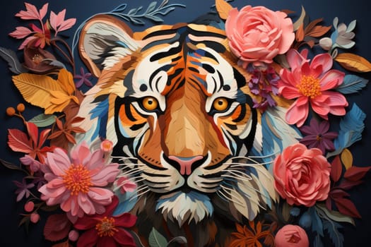 An oil painting of Tiger with flowers Generative AI.