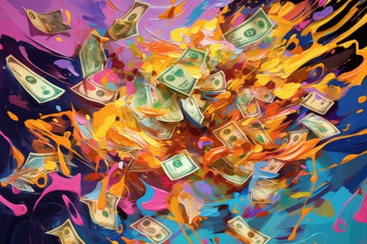 dollar bills falling with colorful abstract background.