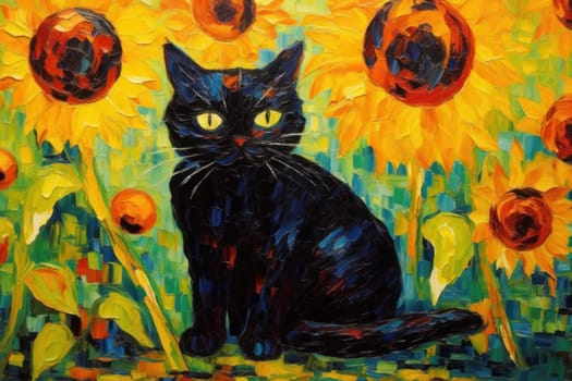 Black Cat made of oil paint modern art with sunflower Generative AI.