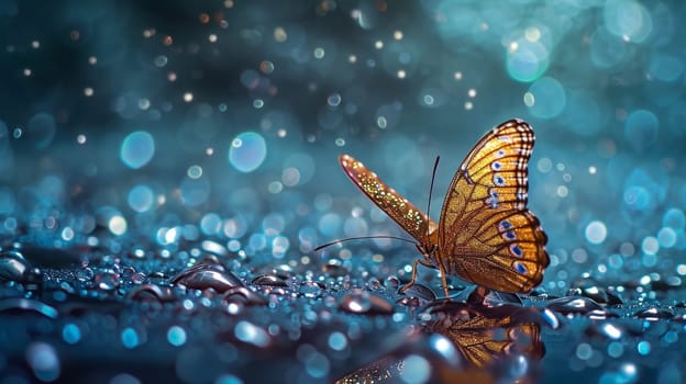 butterfly on mirror surface in water drops. glitter butterfly shining sitting on liquid background with water drops. Ai Generated.