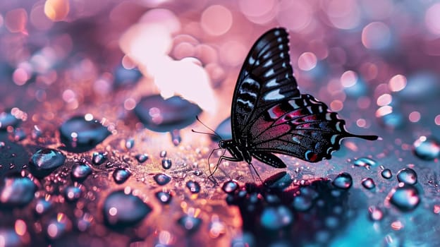 butterfly on mirror surface in water drops. glitter butterfly shining sitting on liquid background with water drops. Ai Generated.