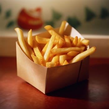 Golden French fries in a paper container.