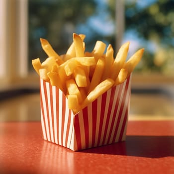 A box of golden french fries on a table.