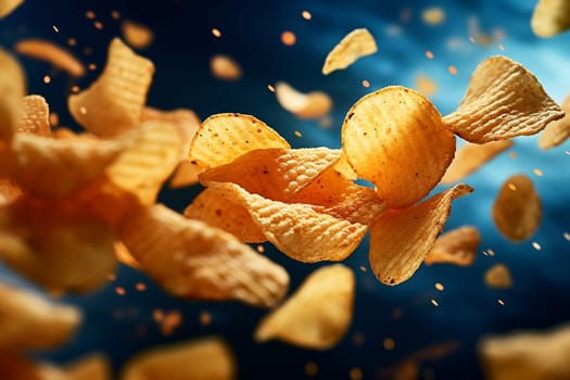 Crispy potato chips flying against a blue background.