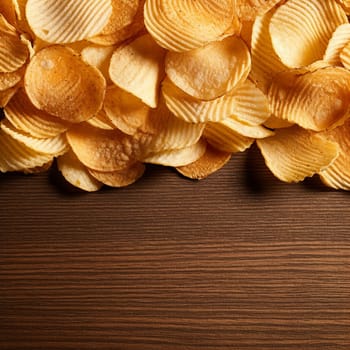 Pile of crispy golden potato chips on wooden background.
