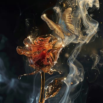 Dried flowers and smoke on a black background. glass rose smokes and a glitter butterfly sits on it, shining. Ai Generated.