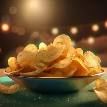 A bowl of crispy golden potato chips on a bokeh light background.