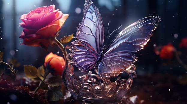 Dried flowers and smoke on a black background. glass rose smokes and a glitter butterfly sits on it, shining. Ai Generated.
