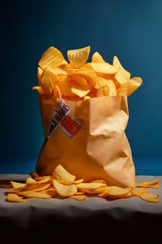 A bag of crispy potato chips spilled over a surface.