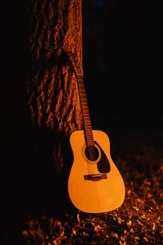 Evening shot of a guitar near the tree lit by bonfire in forest