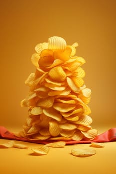 Stacked potato chips forming a pyramid on a yellow background.