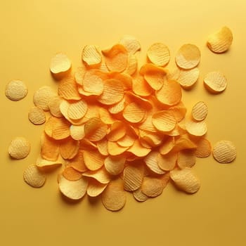 A heap of potato chips on a yellow background.