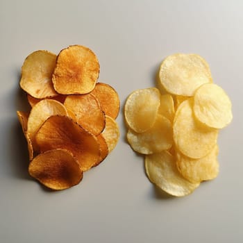 Two piles of potato chips, one regular and one barbeque flavored.
