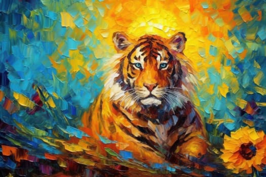 Tiger made of oil paint modern art with sunflower Generative AI.