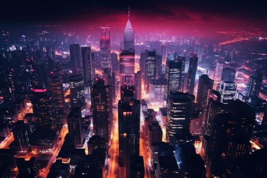 Aerial view of neon city, Cyberpunk metropolis at night.