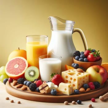 Breakfast still life: various fruits, juice in a glass, milk in a carafe, cheese and nuts