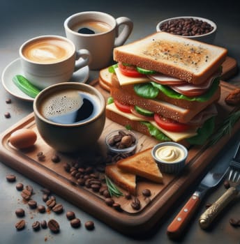 Breakfast still life: coffee, large toast with ham and cheese and vegetables