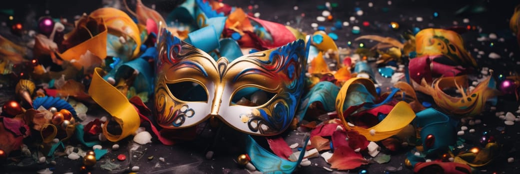 Colorful carnival festival background. Carnival mask for the holiday. Wide format banner AI