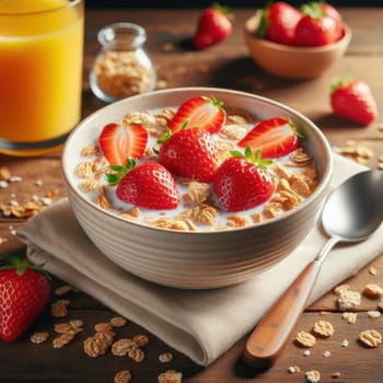 Breakfast still life: cereal and strawberries in milk and a glass of orange juice