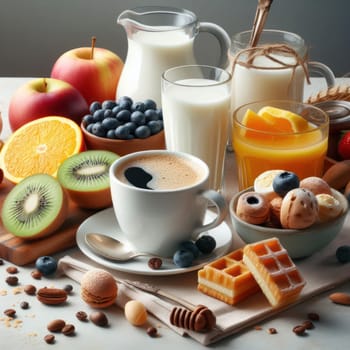 Breakfast still life: a variety of fruits and berries, freshly squeezed orange juice in a glass, dairy products and nuts, a cup of coffee and pastries