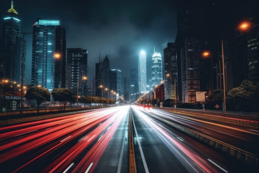High speed traffic and light trails in highway at twilight Modern city at night Generative AI.