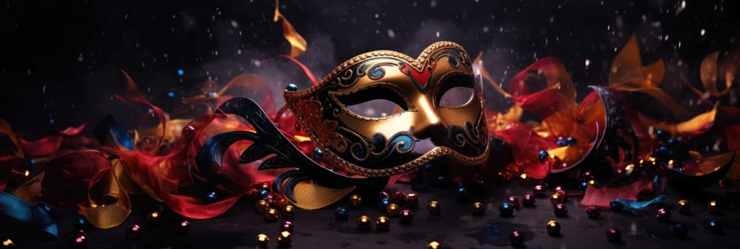 Colorful carnival festival background. Carnival mask for the holiday. Wide format banner AI