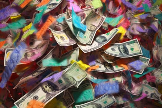 dollar bills falling with colorful abstract background.