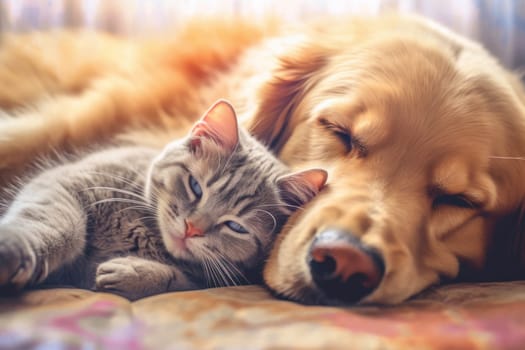 Close up cat and dog together lying Generative AI.