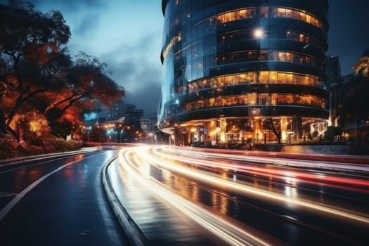 High speed traffic and light trails in highway at twilight Modern city at night Generative AI.