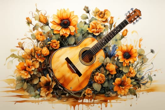 Sunflower and guitar Watercolor beige background Generative AI.