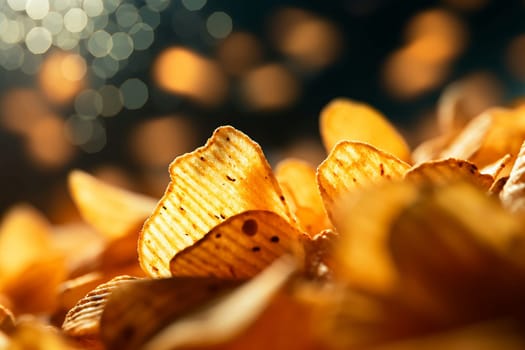 Crispy and crunchy close up potato chips on a bokeh light background.