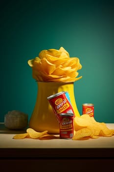 A bag of crispy potato chips spilled over a surface.